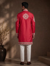 Rani pink silk blend mens kurta suit with embellished  yoke