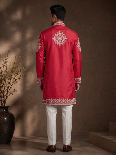Rani pink silk blend mens kurta suit with embellished  yoke