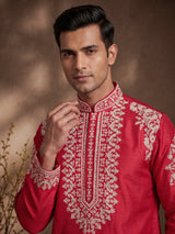 Rani pink silk blend mens kurta suit with embellished  yoke