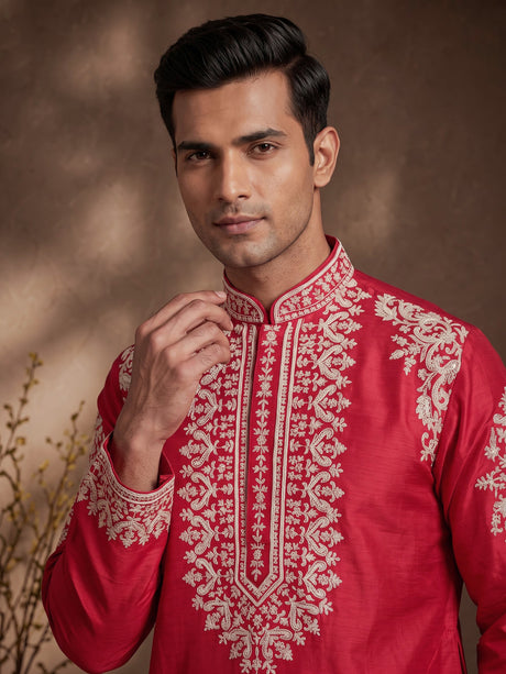 Rani pink silk blend mens kurta suit with embellished  yoke