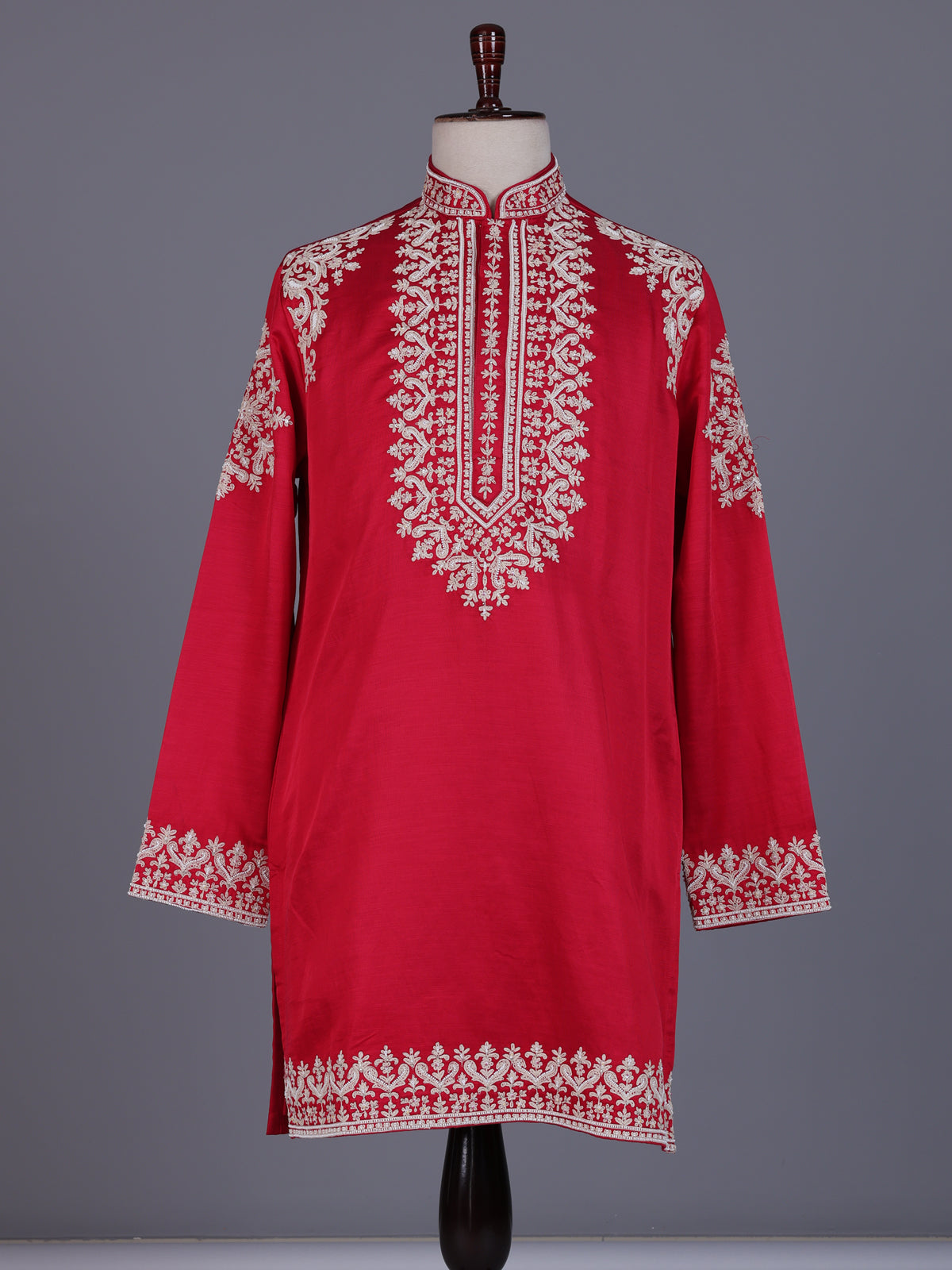 Rani pink silk blend mens kurta suit with embellished  yoke
