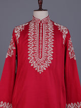 Rani pink silk blend mens kurta suit with embellished  yoke