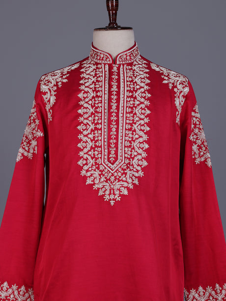 Rani pink silk blend mens kurta suit with embellished  yoke