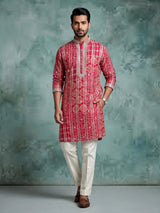 Deep pink chanderi silk mens kurta suit with bandhani gota embellishments