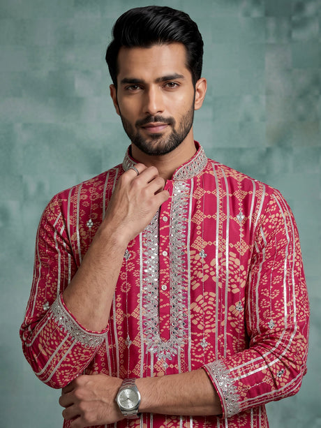 Deep pink chanderi silk mens kurta suit with bandhani gota embellishments