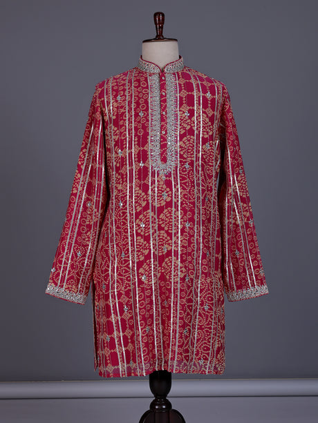 Deep pink chanderi silk mens kurta suit with bandhani gota embellishments
