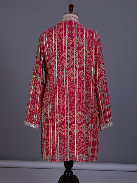 Deep pink chanderi silk mens kurta suit with bandhani gota embellishments