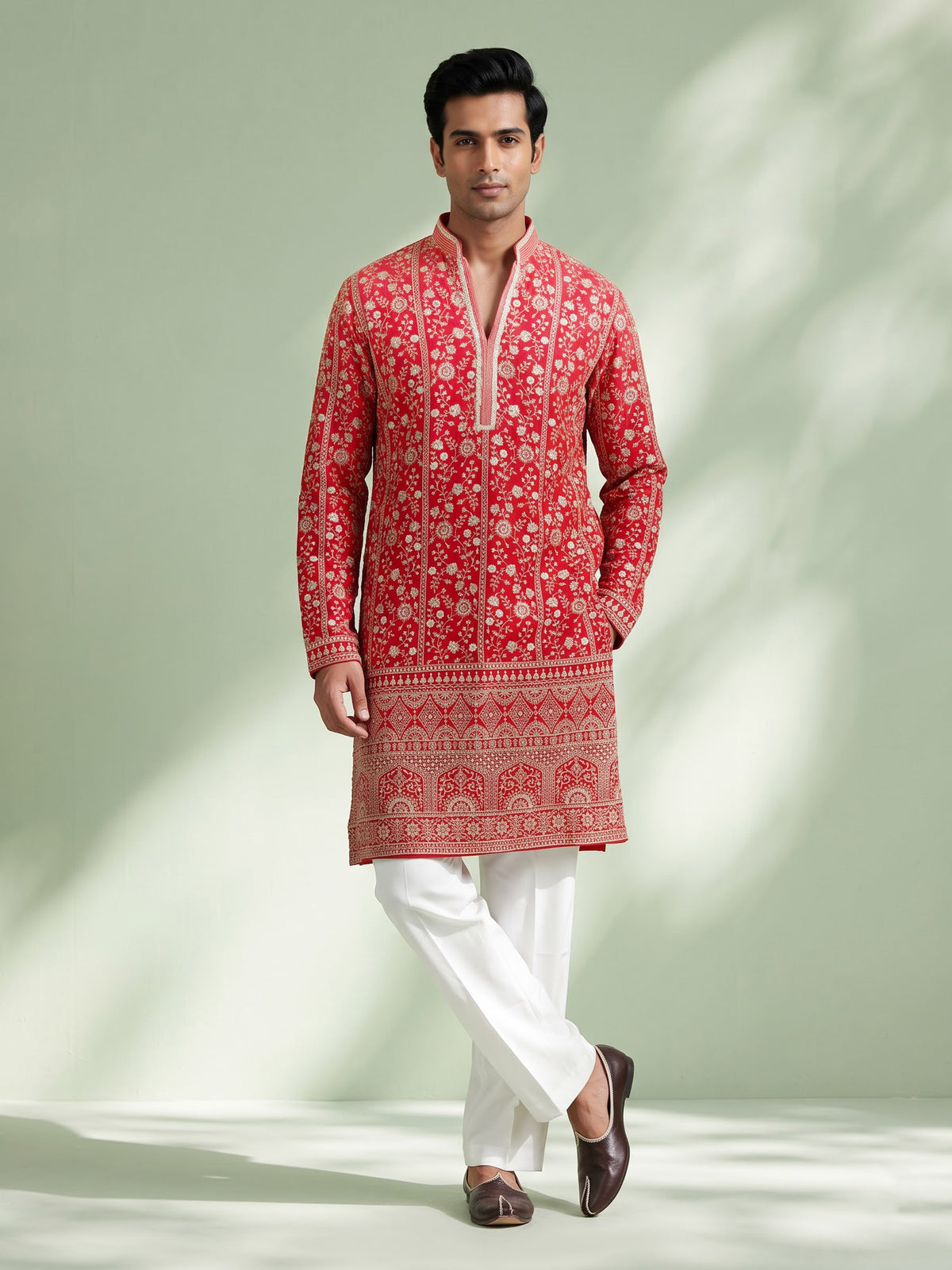 Rani pink georgette mens kurta suit with floral sequin embroidery