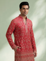 Rani pink georgette mens kurta suit with floral sequin embroidery