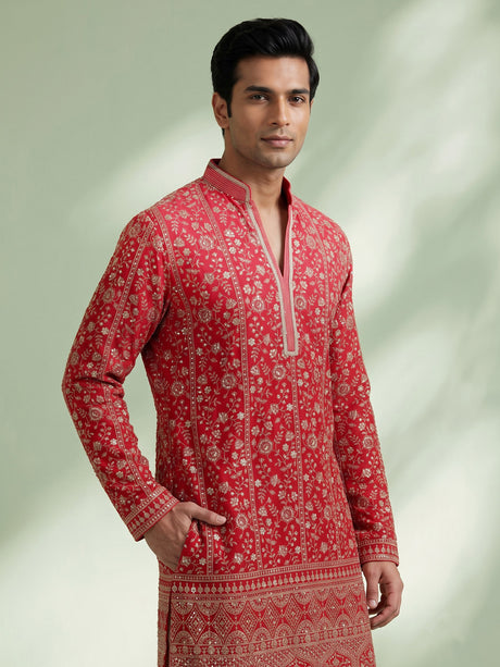 Rani pink georgette mens kurta suit with floral sequin embroidery