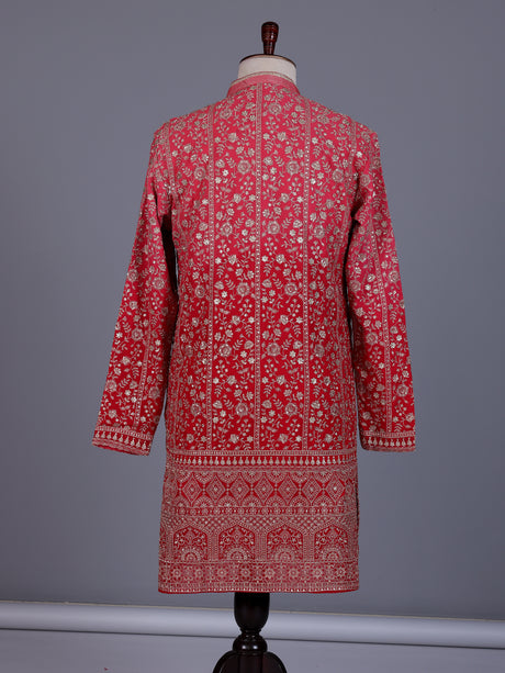 Rani pink georgette mens kurta suit with floral sequin embroidery