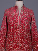 Rani pink georgette mens kurta suit with floral sequin embroidery