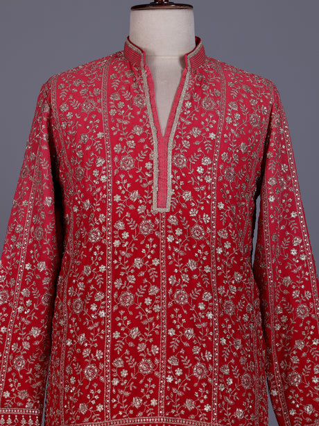 Rani pink georgette mens kurta suit with floral sequin embroidery