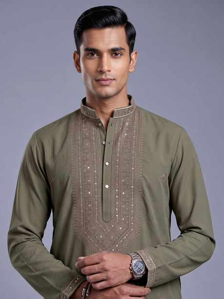 Muted olive cotton silk mens kurta suit with embellished yoke