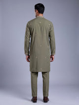 Muted olive cotton silk mens kurta suit with embellished yoke