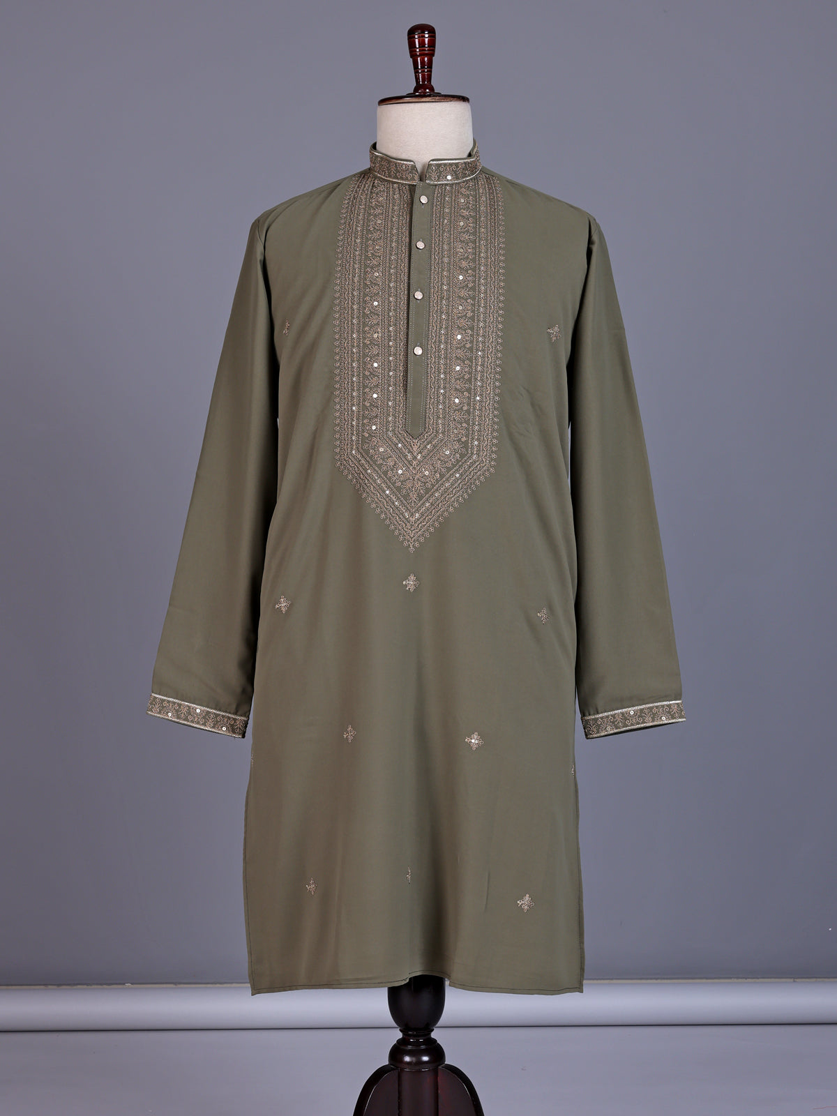 Muted olive cotton silk mens kurta suit with embellished yoke