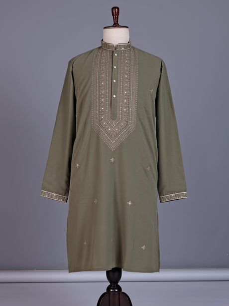 Muted olive cotton silk mens kurta suit with embellished yoke