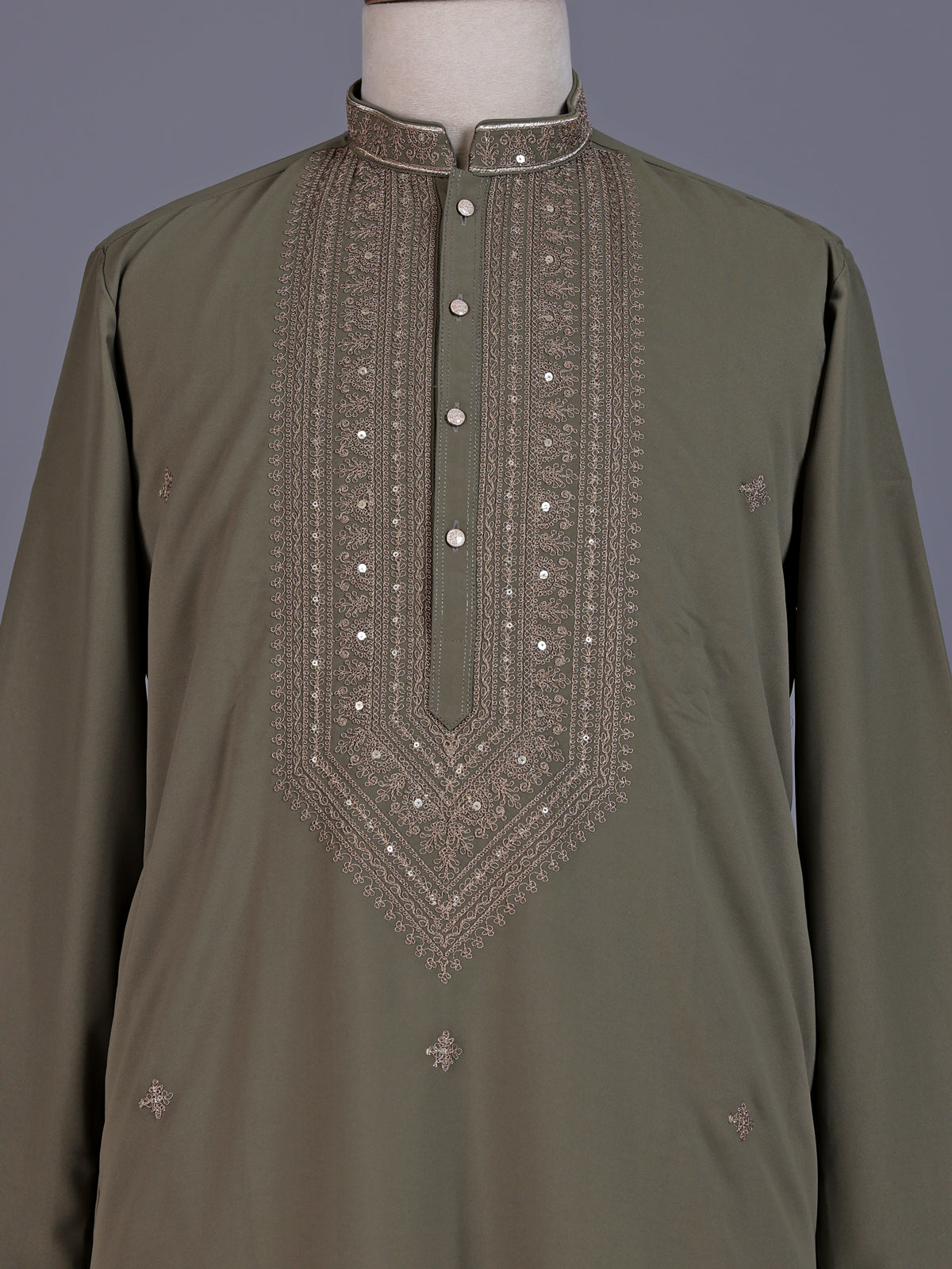 Muted olive cotton silk mens kurta suit with embellished yoke