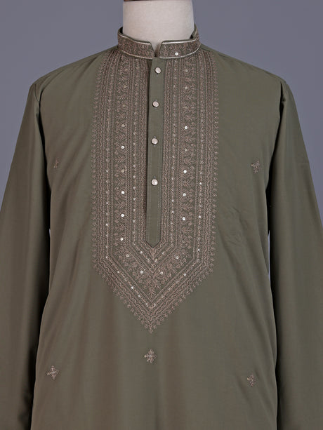 Muted olive cotton silk mens kurta suit with embellished yoke