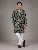 Forest green tusser silk mens kurta suit with architectural sequin embroidery