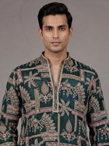 Forest green tusser silk mens kurta suit with architectural sequin embroidery