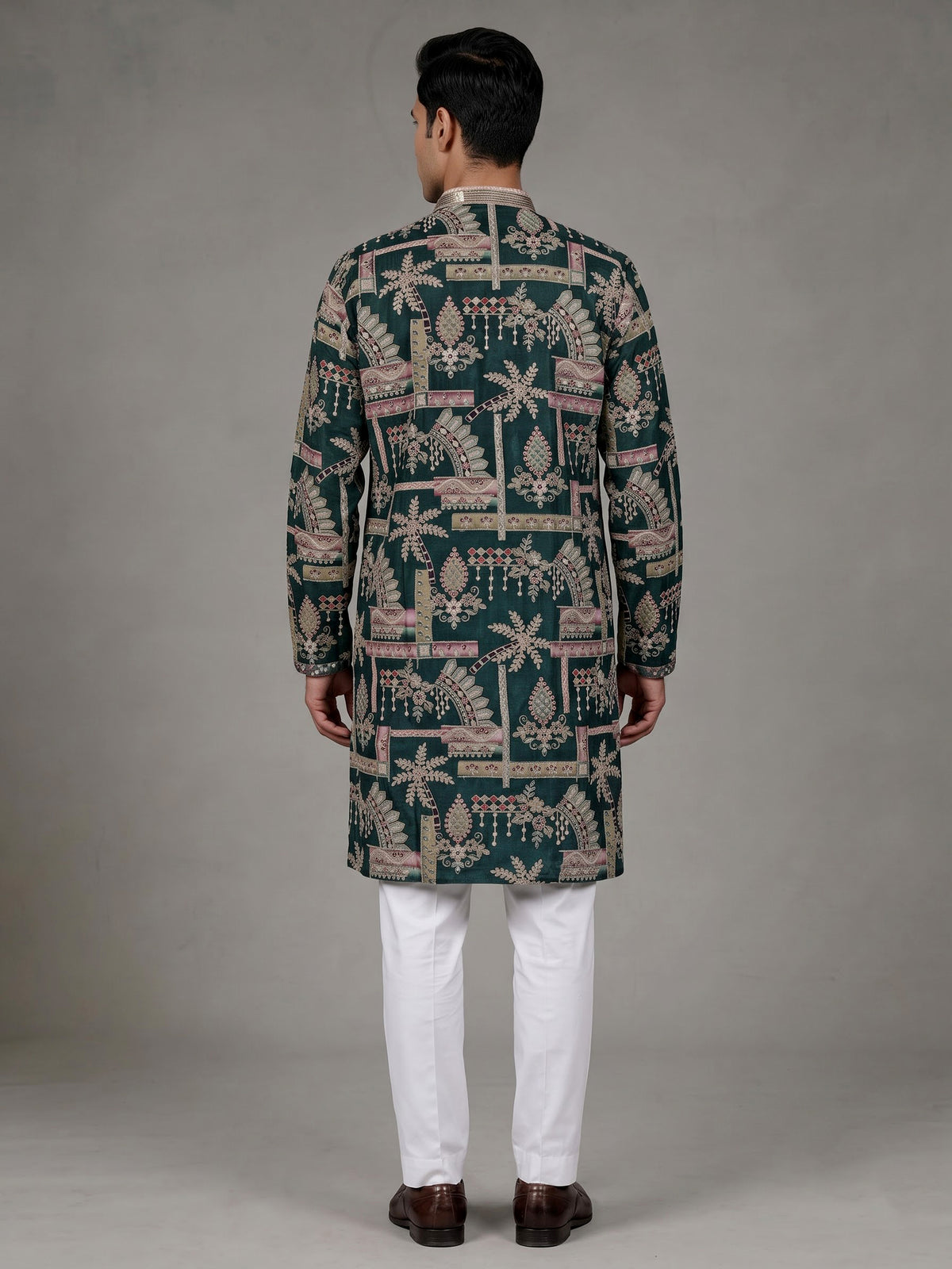 Forest green tusser silk mens kurta suit with architectural sequin embroidery