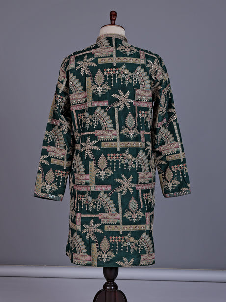 Forest green tusser silk mens kurta suit with architectural sequin embroidery