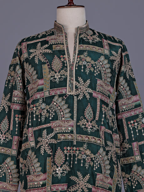 Forest green tusser silk mens kurta suit with architectural sequin embroidery