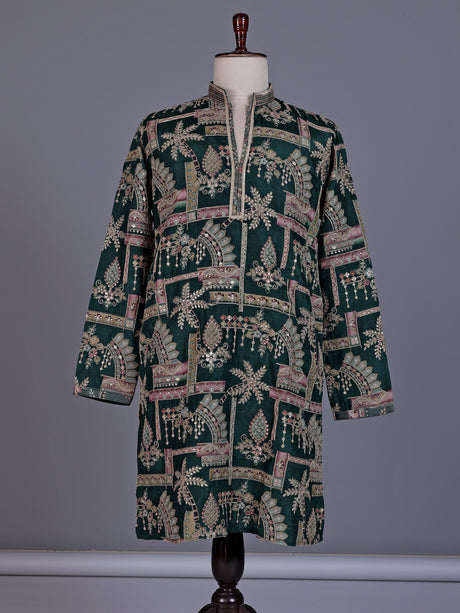 Forest green tusser silk mens kurta suit with architectural sequin embroidery