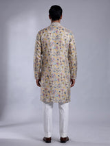 Beige chanderi silk floral printed mens kurta suit with embroidered yoke