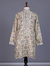 Beige chanderi silk floral printed mens kurta suit with embroidered yoke