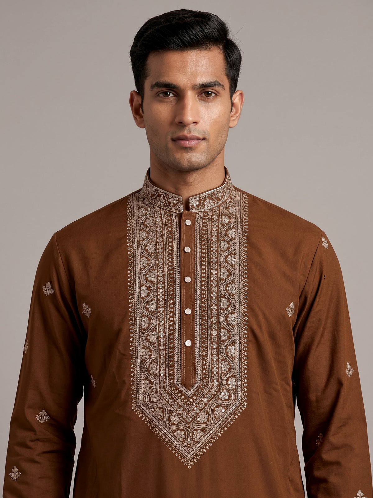 Brown silk blend mens kurta suit with chevron embellished yoke