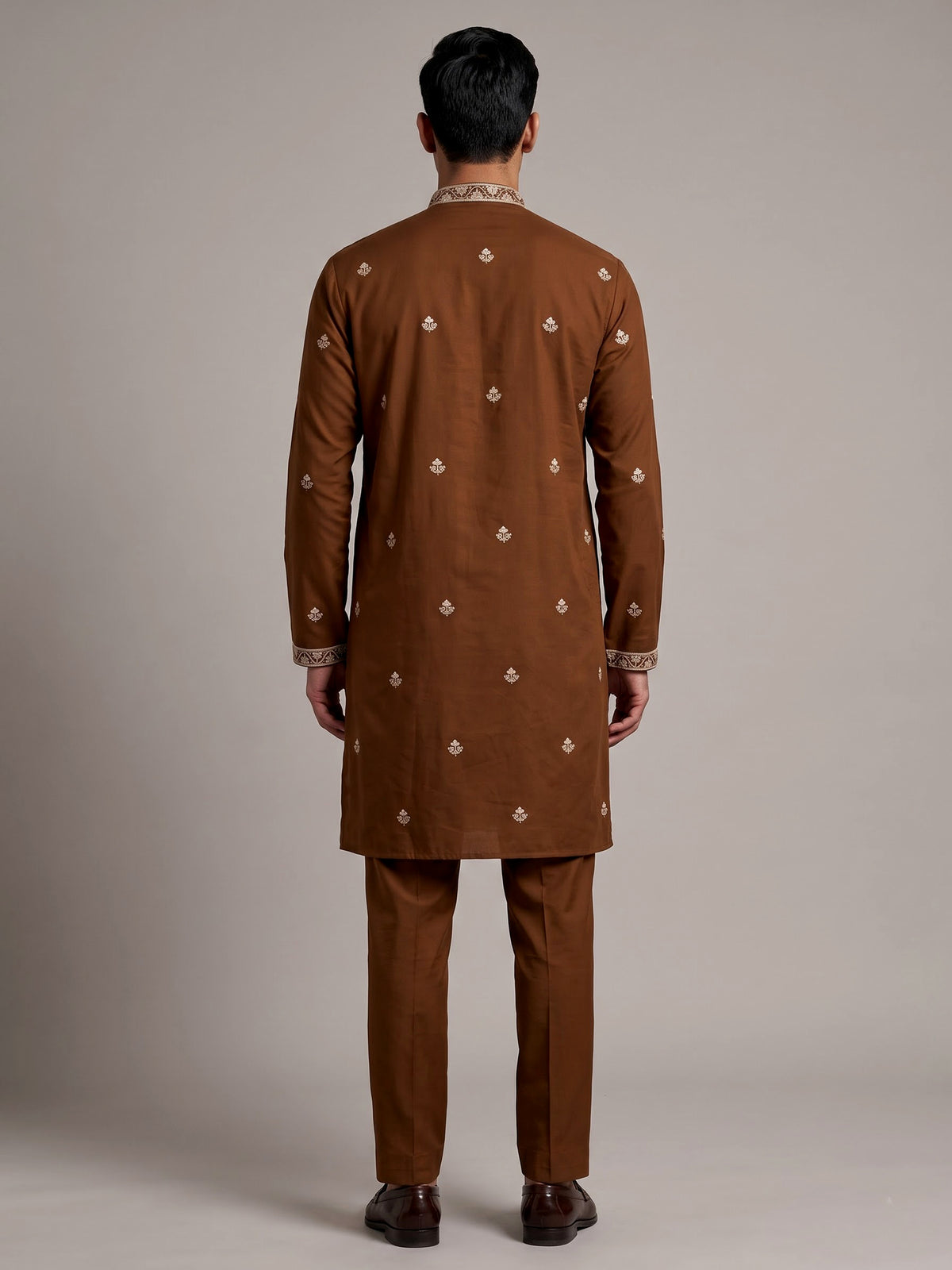 Brown silk blend mens kurta suit with chevron embellished yoke
