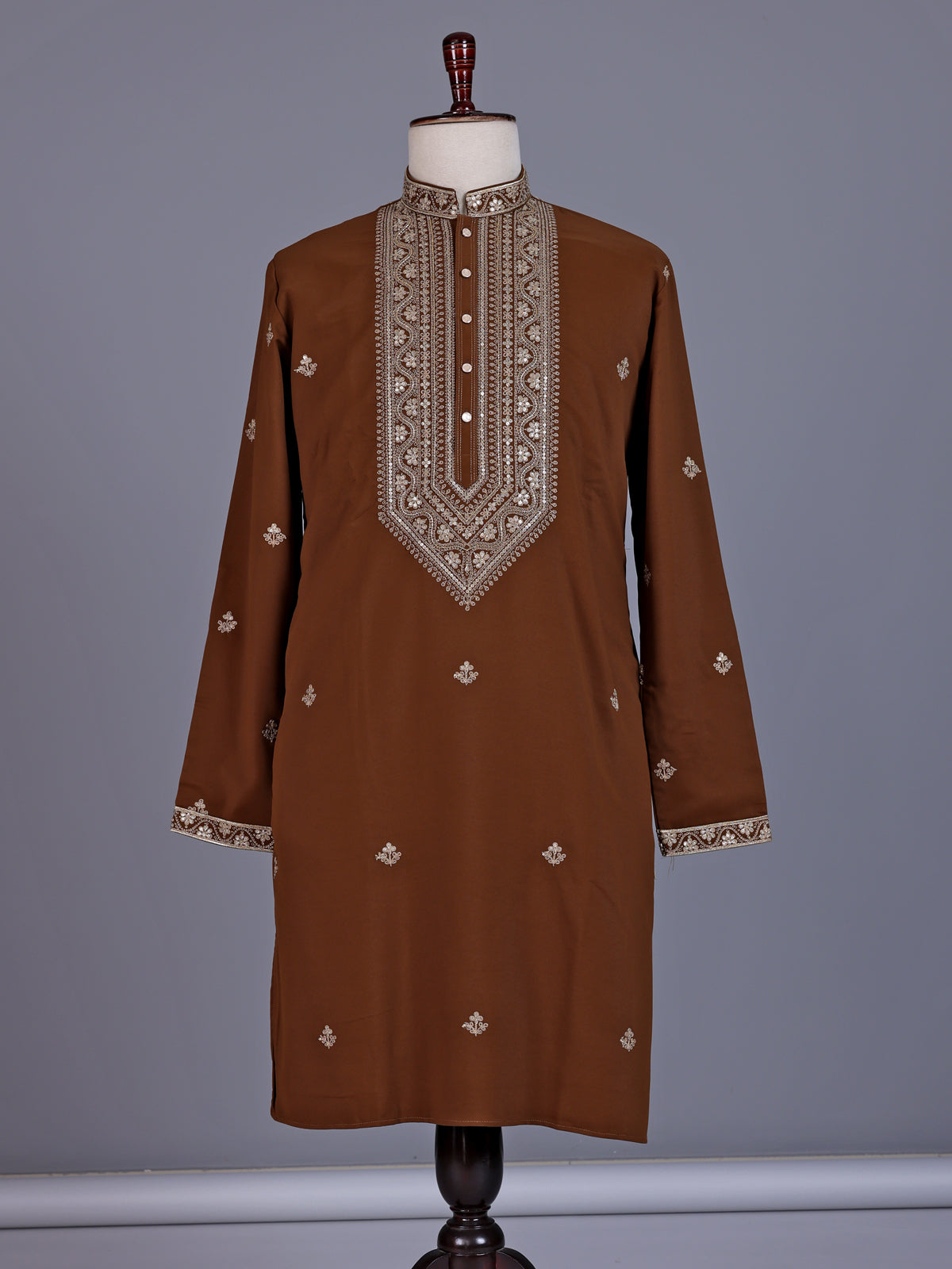Brown silk blend mens kurta suit with chevron embellished yoke