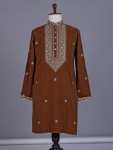 Brown silk blend mens kurta suit with chevron embellished yoke