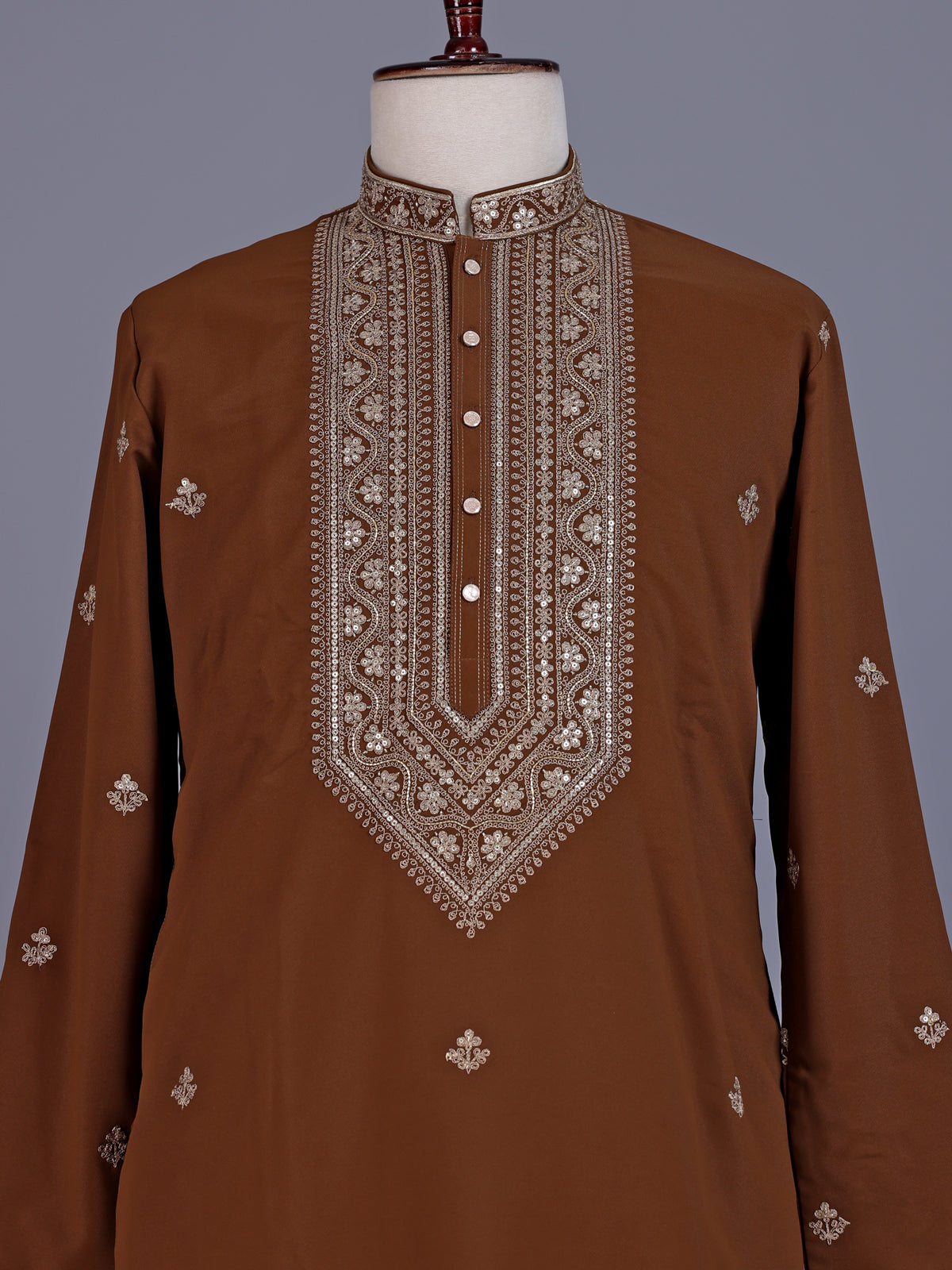 Brown silk blend mens kurta suit with chevron embellished yoke