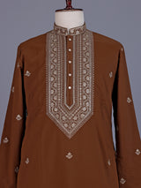 Brown silk blend mens kurta suit with chevron embellished yoke