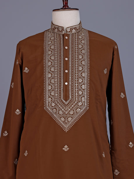 Brown silk blend mens kurta suit with chevron embellished yoke