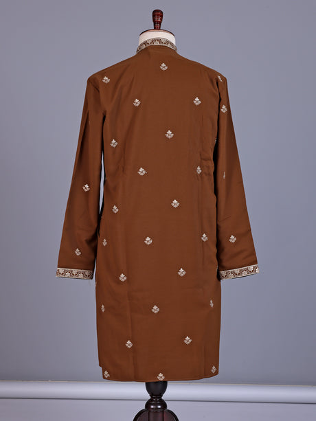 Brown silk blend mens kurta suit with chevron embellished yoke