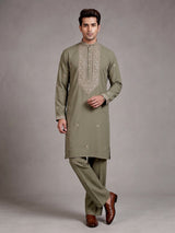 Dusty olive cotton silk mens kurta suit with threadwork yoke