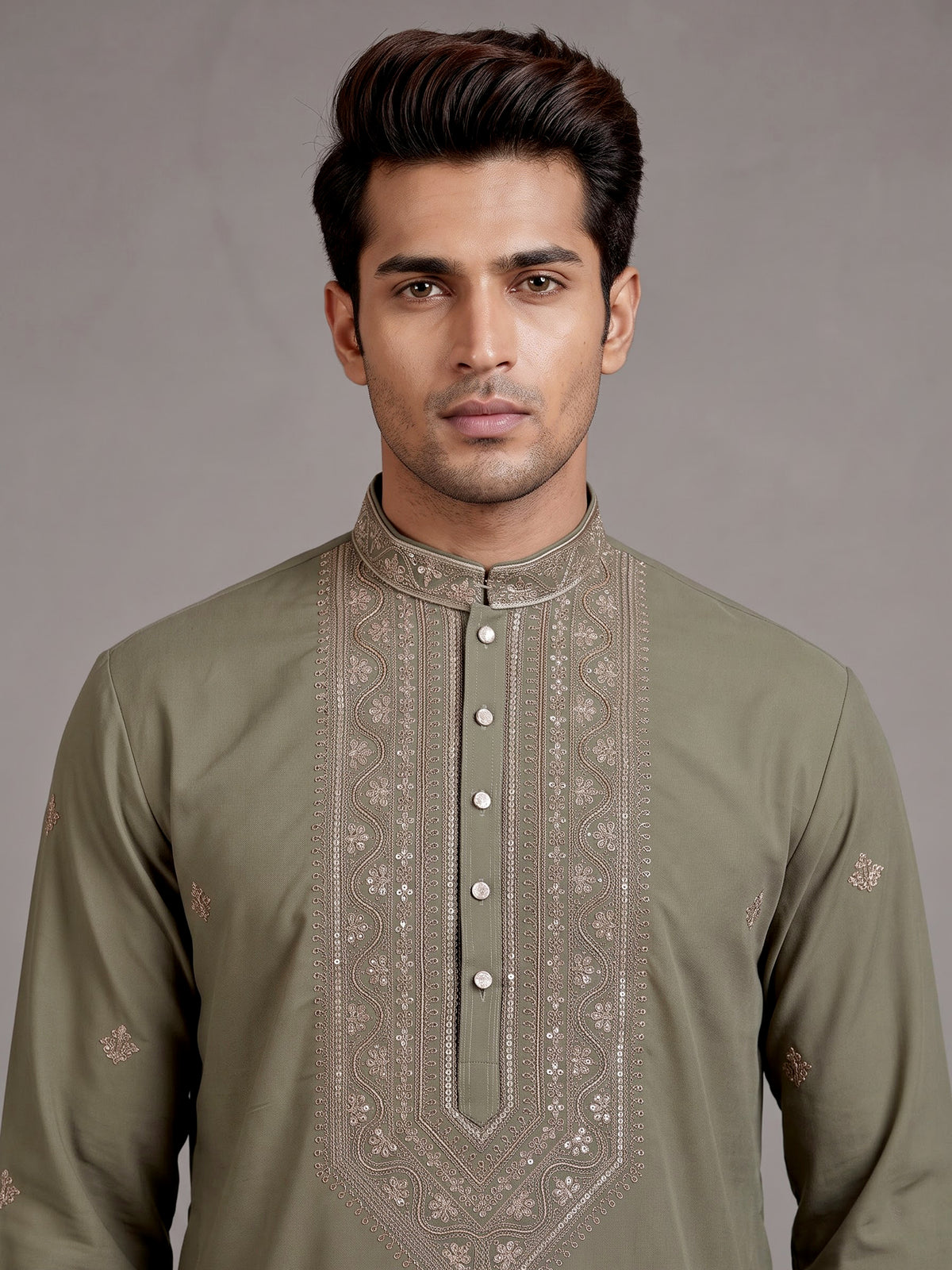 Dusty olive cotton silk mens kurta suit with threadwork yoke