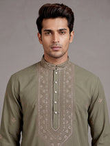 Dusty olive cotton silk mens kurta suit with threadwork yoke