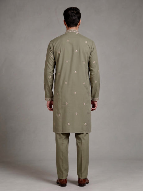 Dusty olive cotton silk mens kurta suit with threadwork yoke