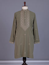 Dusty olive cotton silk mens kurta suit with threadwork yoke