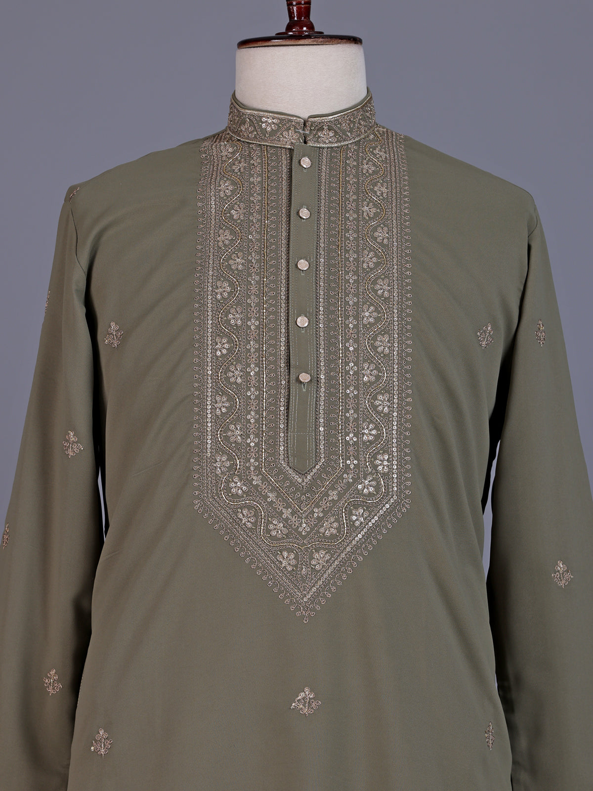 Dusty olive cotton silk mens kurta suit with threadwork yoke