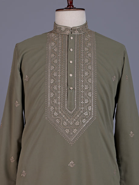 Dusty olive cotton silk mens kurta suit with threadwork yoke