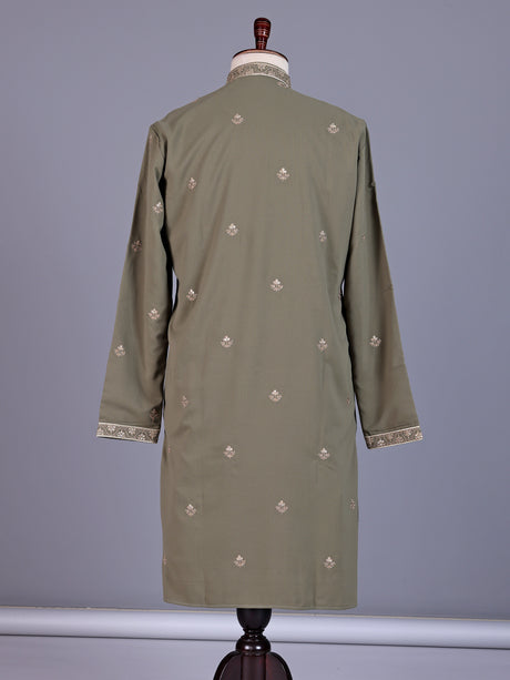 Dusty olive cotton silk mens kurta suit with threadwork yoke