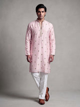 Light pink chanderi silk mens kurta suit with mirror sequin detailing