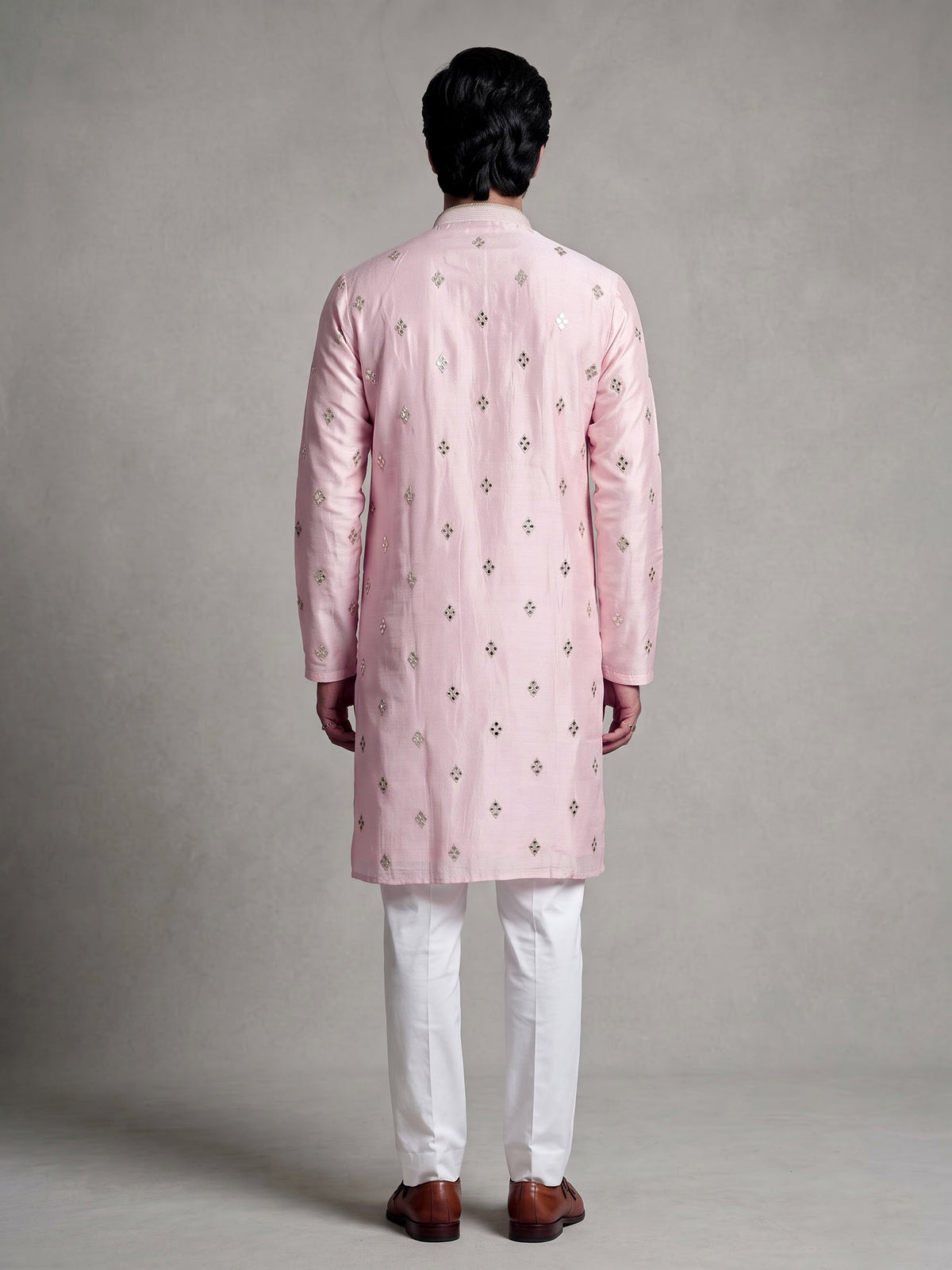 Light pink chanderi silk mens kurta suit with mirror sequin detailing