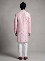 Light pink chanderi silk mens kurta suit with mirror sequin detailing